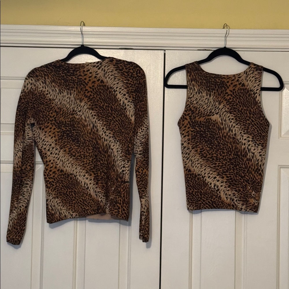 Caché Vintage Leopard Silk Blend Cardigan & Top w/ Leopard Face & Crystal Eyes - Picture 2 of 12
